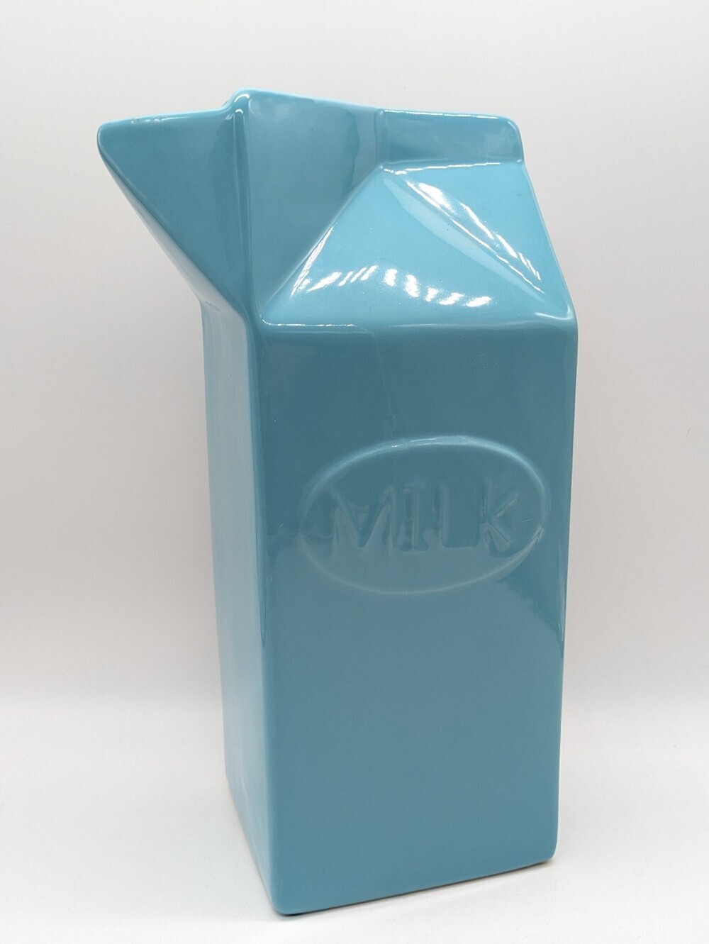 Large Blue Ceramic Novelty Milk Carton Vase